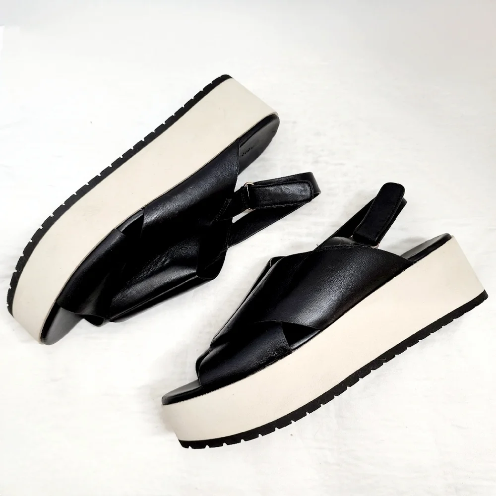 Vince Black Leather Jenaya Platform Slingback Sandals